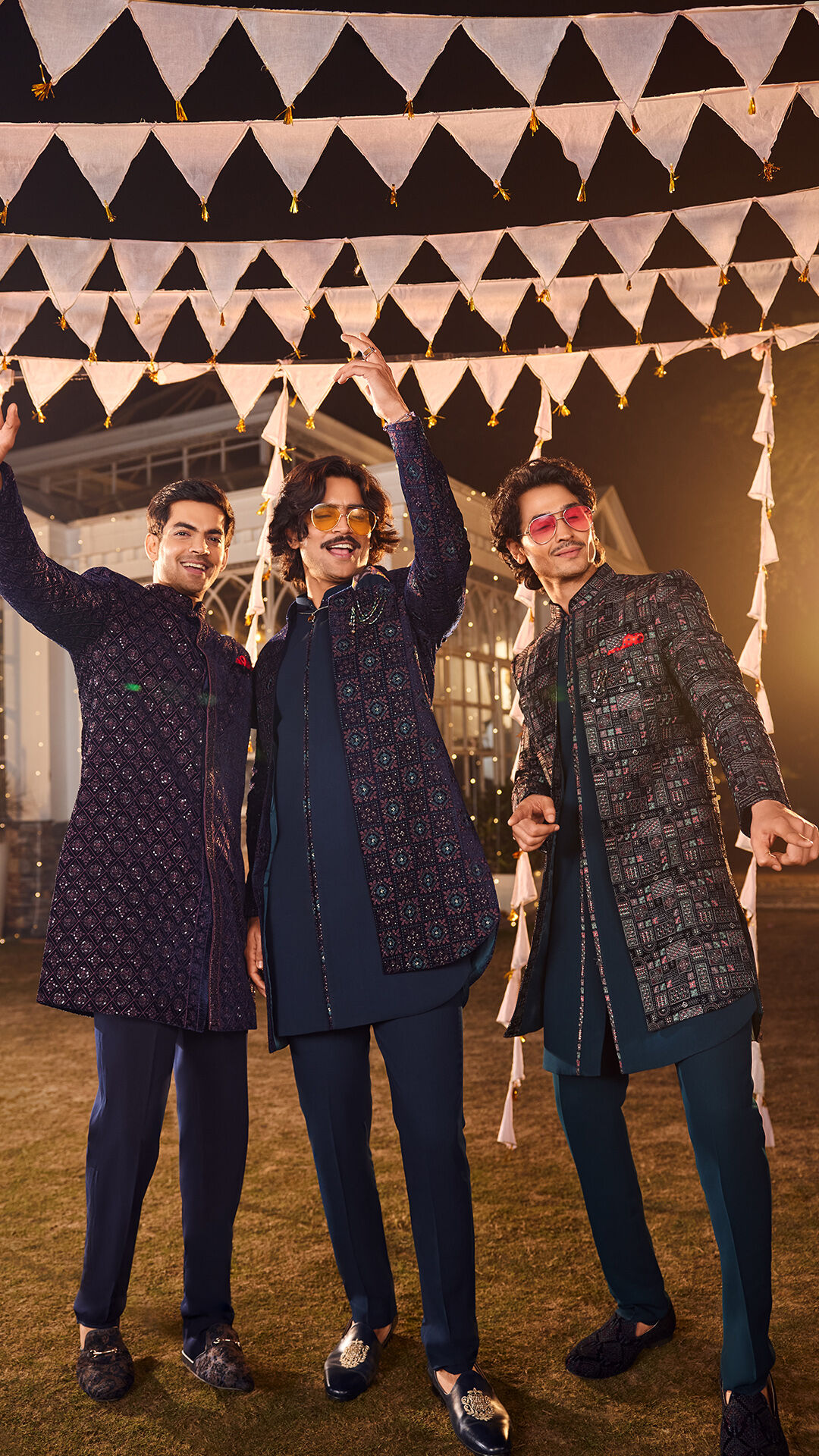 Mens flaunting their elegant blue kurta jacket set for wedding day